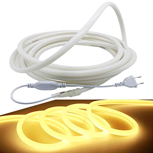 FOLGEMIR 5m Neon Seil Strip Rund, 360° Lumineszenz Warmweiß, LED flexibler Streifen ohne Lichtpunkte, 220V helle 2835 LED Band, IP65 wasserdicht für Garten Party Hochzeit