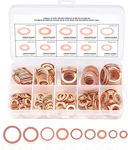 200 Pezzi di Rondelle, Set di Anelli di Tenuta Piatti in Rame, Combinazione di kit di Classificazione Degli Anelli di Tenuta in Rame, Con Scatola a Vite (M5 M6 M8 M10 M12 M14)