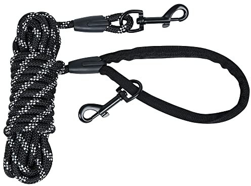MECHHEIT Schleppleine für Hunde, 5m/10m /15m Hundetrainingsleine, Hunde Leine mit Gepolstertem Griff, 2 Karabinerhaken, für kleine bis große Hunde Nylon-Schwarz 5M