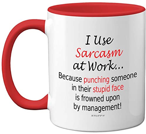 Funny Mugs, I Use Sarcasm at Work | Novelty Mugs for Colleagues, Secret Santa, Christmas Birthday Gifts, 11oz Dishwasher Safe Red Handle Mug