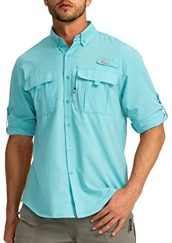 Men's Sun Protection Fishing Shirts Long Sleeve Travel Work Shirts for Men UPF50+ Button Down Shirts with Zipper Pockets(Waterfall Medium)