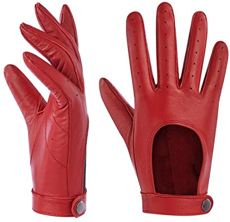 Harssidanzar Damen Leder autofahrer handschuhe,Touchscreen ungefüttert dünne Lederhandschuhe aus Schaffell KL021EU,Rot,größe L