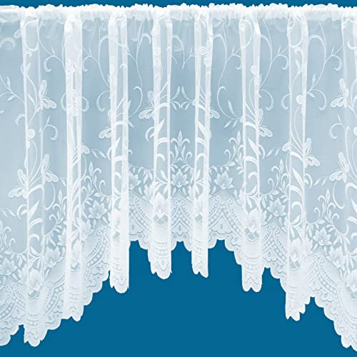 NetCurtainsUK Butterfly Jardiniere Arched Floral Pattern Net Curtains In White - Sold in Set Sizes (254cm (100'') Wide x 102cm (40'') Drop) (BUTTERFLYJARD01)