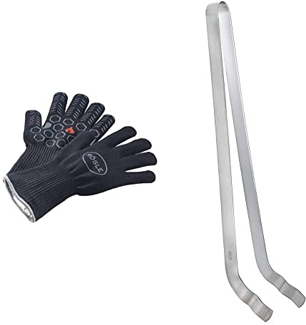 RÖSLE Premium-Grillhandschuhe, Hochwertige Handschuhe zum Schutz vor Verbrennungen & Grillzange gebogen, Hochwertige Grillzange mit ausgewogener Federkraft und exakte Kraftübertragung