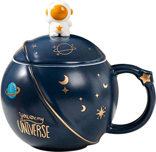 PIPITA Süße Astronauten-Tasse mit Deckel und Löffel, Kawaii-Becher, Neuheit Tasse für Kaffee, Tee und Milch, Tasse, Geschenk, Blau, 400 ml (Blau)