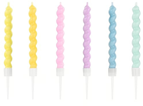 DekoHaus Geburtstagskerzen Spiralkerzen 6 Stück – Pastell Kerzen bunt 8,5 cm mit Halter, Tortendeko Geburtstag Party Kuchen Deko