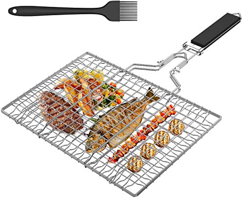 Fisch-Grillkorb Grillkorb Fischbräter Faltbarer BBQ Grillkorb Fischbräter Tragbar Grillkorb aus Edelstahl mit Abnehmbarem Griff und Backbürste Aufbewahrungstasche für Fisch Gemüse Garnelen (B)