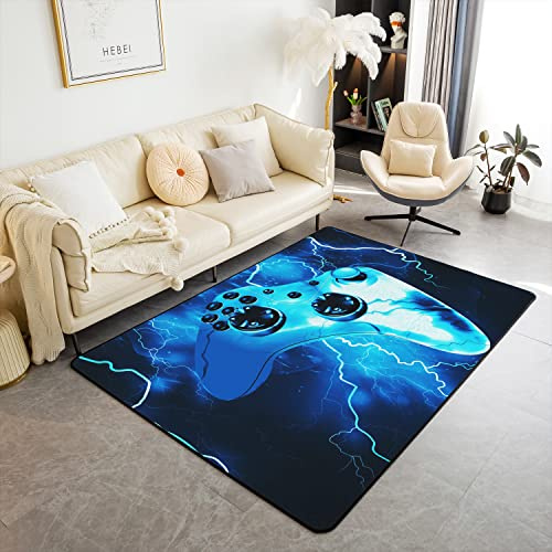 Alfombra de área de gamer de 100 x 150 cm, diseño de rayo azul, para sala de estar, dormitorio, hogar, decorativa, moderna, para consola de juegos, ultra suave, antideslizante, para interiores
