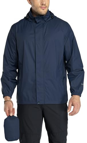 33,000ft Men's Lightweight Waterproof Outdoor Jackets Windproof Rain Shell Jacket Packaway Hooded Raincoat for Golf Fishing Cycling Navy Blue M