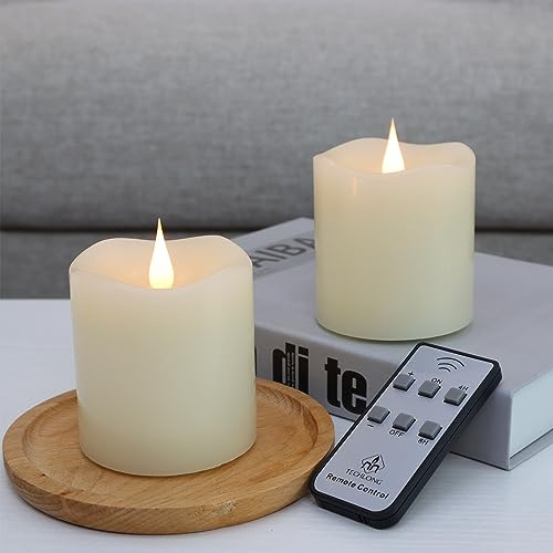 TECHLONG Flameless Candles Battery Operated with Remote Timer, 3D Moving Flame Flickering, Last 600+ Hours Battery Candles, 3 x 3 Ivory Real Wax Electric LED Candle for Wedding Party, Set of 2