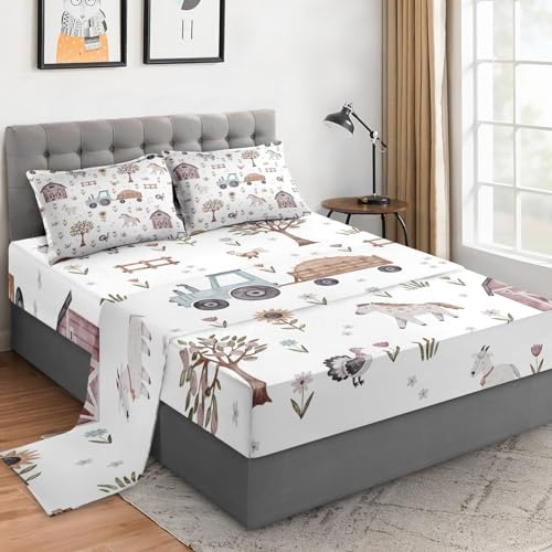 WeCozy Queen Size 4 Pcs Bed Fitted Sheet Set with 14 Deep Pocket, Animal Farm Tractor Flat Sheet Set for Kids and Adults, House Tree Pig Bedding with 2 Pillowcases for Bedroom Decor