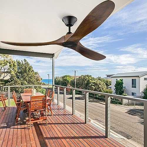 Uaikiea 60Inch Ceiling Fan without Light, 3 Wood Blade 6 Speed Quiet Reversible DC Motor Ceiling fan with Remote Control, Large Indoor Outdoor Ceiling Fans for Patios Bedroom Living Room Farmhouse