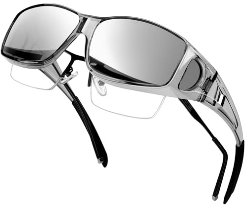 KANASTAL Solglasögon över Glasögon Dam Herr Wrap Around Överglasögon för Glasögonbärare UV400 Skydd Silver Klar