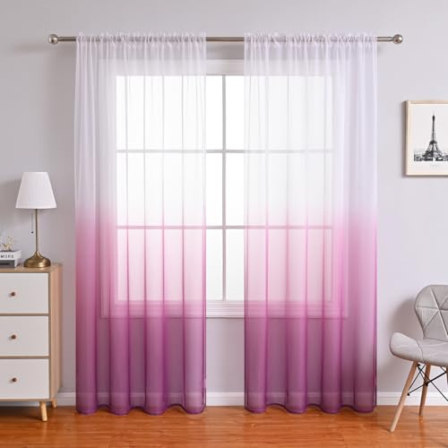 Lukery Transparent Vorhänge Wohnzimmer 2er Set, Lang Halbtransparent Gardinen Vorhänge Durchsichtig für Fenster Küche Wohnzimmer Landhaus (100x200cm,Farbverlauf Lila)