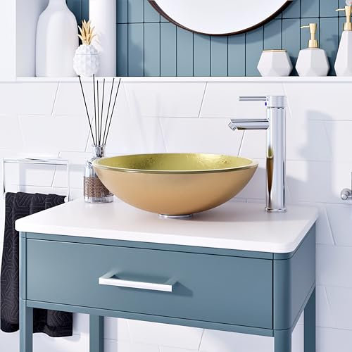 BELOFAY Modern Design Bathroom Counter Top Wash Basin Sink, Glass Bowl Cloakroom Basin for Vanity Cabinet Toilets and Bathrooms 42x14x42cm WxHxL (Flash Gold, 42x14x42cm)
