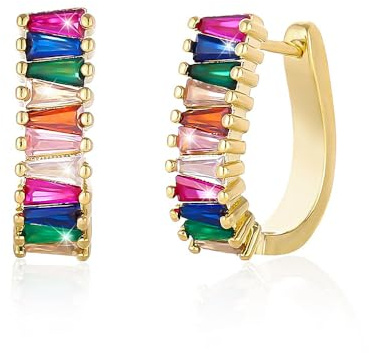 FDEETY 1 Paar Rechteckige Regenbogen Creolen Ohrringe Edelstahl Schmuck Damen Huggie Ohrstecker 14k Vergoldet Bunt Kristall Ohrhänger