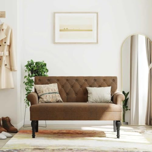 Myheimly Sitzbank mit Rückenlehne Braun 120x62x75,5 cm Wildleder-Optik Bank Polsterbank mit Rückenlehne Armlehnen, Bettbank mit Holzbeinen, Flurbank Ottomane für Wohnzimmer Büro, Modern