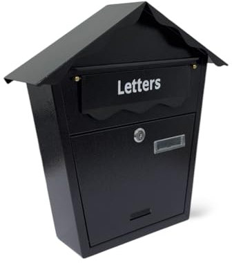 Black Traditional Wall Mounted Classic Galvanised Steel Lockable Weatherproof Post Letters Mail Box - 36x36x10cm