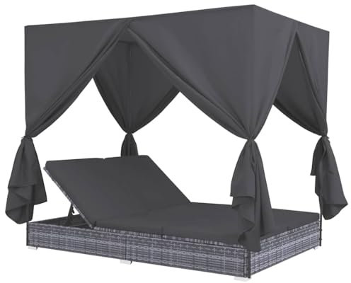 LVHUIDEH Doppel Gartenbett mit Auflage und Vorhängen, Chaiselongue, Freizeitbett, Outdoor Sonnenliege, 2 Personen Gartenliege, Polyrattan Liegestuhl für Pools Garten Terrasse, 197 x 140 x 180 cm