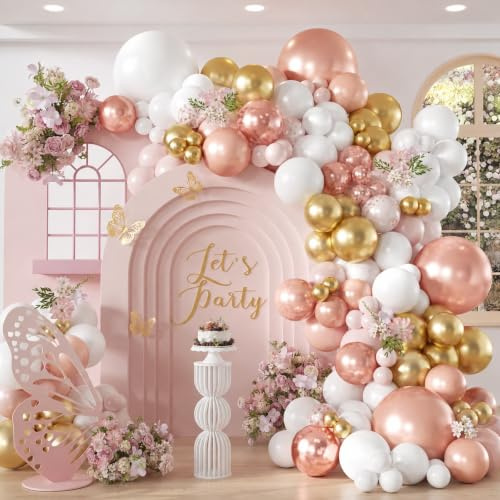 Luftballons Girlande Rosa, 104 Stück Luftballons Geburtstag Rosegold Gold | Luftballon Retro Rosa Weiß, Metallic Gold Rosegold Konfetti Ballon für Mädchen Frau Geburtstag Jugendweihe Hochzeit Muttertag