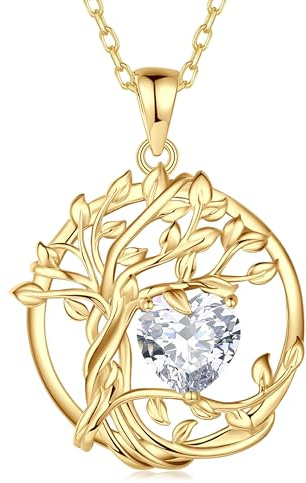 FANCIME Lebensbaum Geburtstein Kette für Damen Gelbgold Vergoldet Baum des Lebens Edelstein Anhänger Halskette Schmuck Geschenke für Damen Frauen Mädchen, Kettenlänge: 40+5 cm