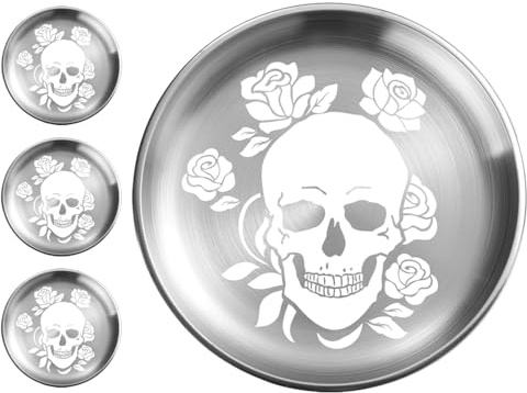 xiaoyu 4 confezioni di piatti da cena in acciaio inox con scheletri di Halloween, piatti rotondi in metallo gotici a forma di teschio, design unico con motivo a teschio/fiore, piatti da cena per cena