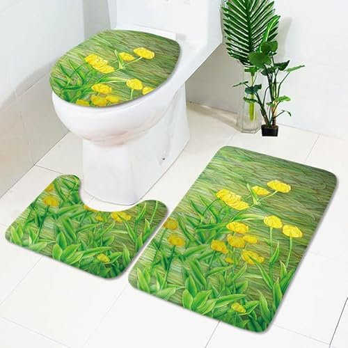 Badezimmerteppich Grüne Gelbe Blüten WC Vorleger mit Ausschnitt WC Deckelbezug 3 Teiliges WC Teppich rutschfeste Badgarnitur U förmiger Badematte Waschbar Bad Teppiche Set 50x80 cm