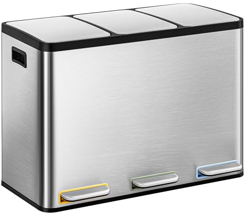 Hzuaneri Kitchen Bin, 3 x 15 L Recycling Bins for Kitchen, Colored Pedal Bin with Lid, Removable Inner Buckets, Stainless Steel Rubbish Bins for Recycling and Waste, for Kitchens, Silver SW04599E