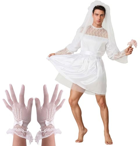 MUNSKT Travestimento da uomo per cosplay, abito da sposa in pizzo, per Halloween, colore: bianco