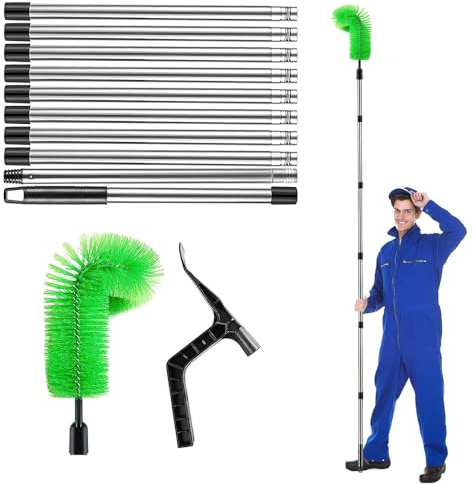 YANGUN 2-in-1 Gutter Cleaning Tools, 12.8Ft Telescopic Gutter Cleaner with 10 Extendable Poles, Adjustable Gutter Cleaning Brush for Cleaning Leaves Debris Window Gutter