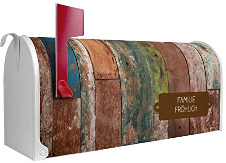 banjado® Amerikanischer Briefkasten - US Mailbox/Letterbox mit Motiv Buntes Holz 51x22x17cm - Postkasten Stahl aus Amerika – Briefkasten amerikanisch weiß pulverbeschichtet