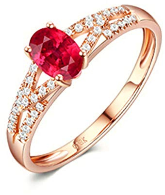Stfery Ring Rotgold 18K Damen, Trauringe mit Rubin in Ovalschliff, Diamantring Echt Goldschmuck, Gr.49 (15.6)