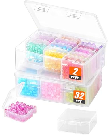 LandReCol Mini Aufbewahrungsbox mit Fächern – 32-teiliges Set, Kippsichere Sortierbox mit Trennboden, 5,3 x 5,3 x 2 cm Kleine Sortierbehälter für Perlen, Schmuck, Bastelmaterial, Kleinteile