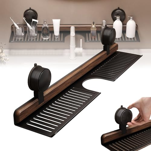 Mensola da parete per lavello in noce nero, 70 cm, con ventosa, per cucina e bagno, organizer per rubinetto, per articoli da toeletta e doccia