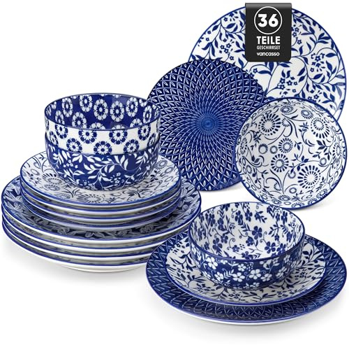 vancasso SELENE Tafelservice für 12 Personen, 36-teiliges Vintage Blaues Porzellan-Geschirr-Set mit Tellern und Schüsseln, Küchengeschirr-Set, mikrowellengeeignet und spülmaschinenfest