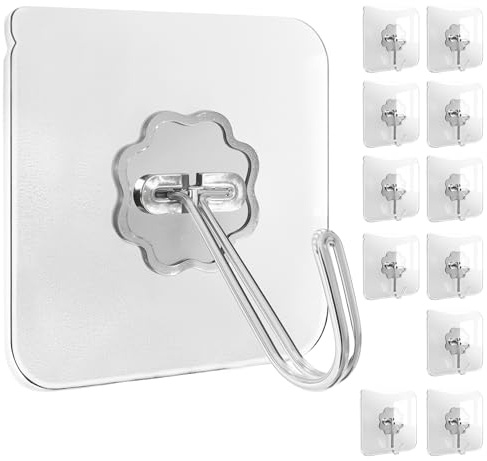 Menz Haken selbstklebend, 12 Stück Transparent Klebehaken extra stark | 10 kg Tragkraft, Wasserdicht und wetterfest Wandhaken selbstklebend, Mehrzweck Klebe Haken für Küche, Bad, Deko
