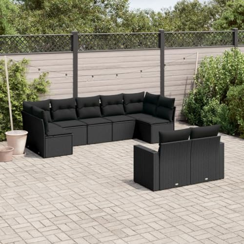 Frdhee Ecksofa Klein Eckbankgruppe,9-TLG. Garten-Sofagarnitur mit Kissen Schwarz Poly Rattan,Außencouch für Balkon,Terrasse,Poolbereich