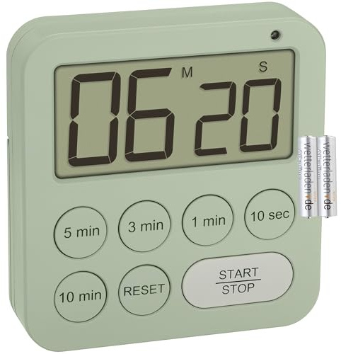 TFA Dostmann Digitaler Timer zum Sport/Küche/Lernen, 38.2056, inklusive Stoppuhr, magnetisch, mit 3 Lautstärke Stufen, Schnellauswahl, großes Display, LED Warnlicht, Eieruhr (Grün mit Batterien)