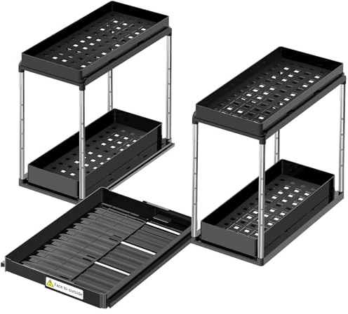 NIUXX 2-Tier Under Sink Organiser: 30-42cm Height Adjustable Pull Out Storage Rack with Expandable Middle Shelf Fits 59-71cm Cupboards - Heavy Duty Storage Shelf for Kitchen Bathroom Utility Room