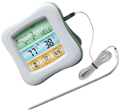 Lurrose Termometro Digitale per Barbecue e Cucina Display Touch Colorato, Sonda per Carne, Timer Integrato, Temperatura Precisa per Alimenti, Strumenti Cucina Domestica per Grigliate
