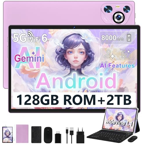 Dghrti Tablette Android 10, 8000mAh, 128Go ROM avec Clavier Souris- Violet
