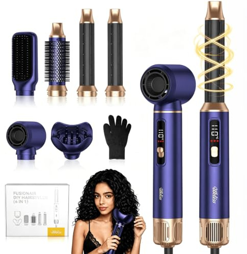 UKLISS Hairstyler 6 i 1 Air Styler Set [med diffusor], Pro Hair Styler Set | LCD display 1000 W hårtork med diffusor, luft locktång rund borstfön, hårtorksborste, plattborste – guldblå