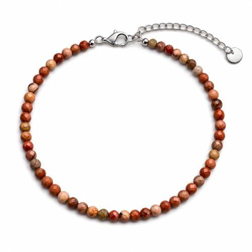 Kim Johanson® Damen Edelstahl Fußkettchen mit echten Natursteinen in Silber I Naturstein Fußkette mit 4mm Edelstein Perlen I Wasserfest | Boho Schmuck für Frauen | Verstellbar |