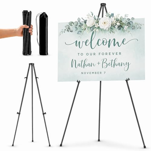 KORVORIA Cavalletto per Tableau Matrimonio ed Esposizione Pieghevole, Treppiede in Metallo Nero 160cm con Borsa, Supporto per Cartello Benvenuto, Feste, Negozi e Poster