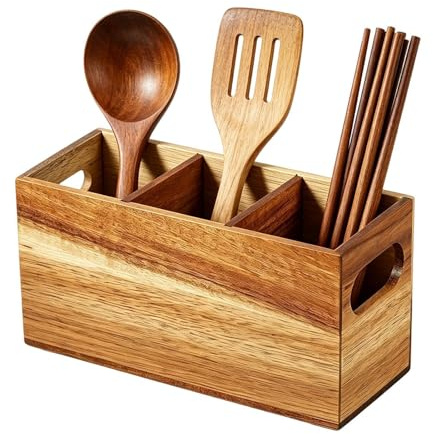 Portacucharas de madeera – de mdera rústica XXL | Soporte para cubiertos Encimera - Organizador para utensilios de cocina - Contenedor de madera de 3 compartimentos para cubiertos Cuchara Tenedor