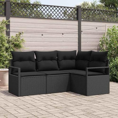 kithwjll Juego de 4 sofás de jardín de polirratán, color negro, para terraza, balcón, con cojín de poliéster, cremallera, modular, esquina, banco, muebles de exterior
