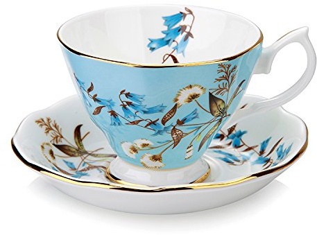 Juego de taza de té de porcelana fina con borde dorado al estilo antiguo, que incluye taza, platillo y cuchara con caja de regalo; decoración y cultura de mesa Diente de león