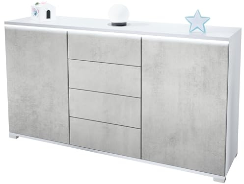 Sideboard Faro V1 - Kommode mit 2 Türen & 4 Schubladen, Schrank mit LED Lichtleiste, Weiß matt/Beton Oxid Optik (138,5 x 75,5 x 35)
