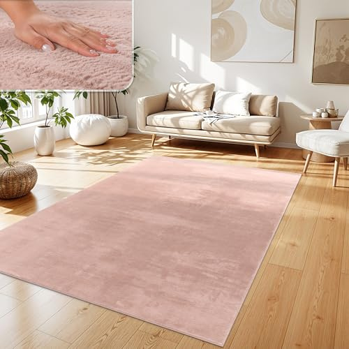 Paco Home Teppich Wohnzimmer Kunstfell weich waschbar modern elegant pflegeleicht Felloptik Uni Seidenglanz flauschig Hochflor, Grösse: 120x160 cm, Farbe: Pink