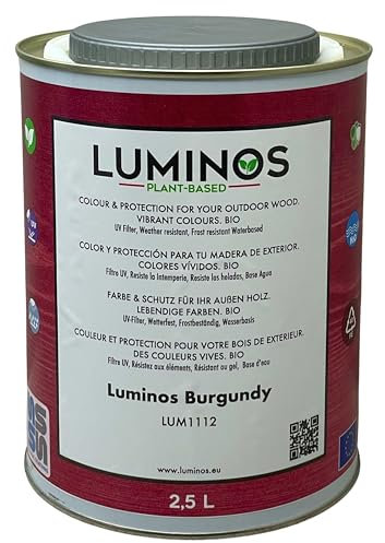 Luminos LUM1112 - BURGUNDY - Holzlasur Außen - Biopolymer-Wasserbasis Lasur für Holz, UV-Schutz und Wetterfest - Wine Burgundy 2.5L